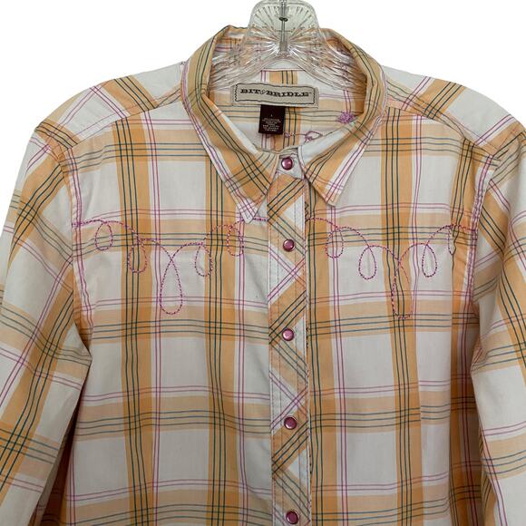 BIT & BRIDLE Women's L  Plaid Embroidered Pearl Snap Shirt Cowgirl Rodeo Western - Picture 2 of 9